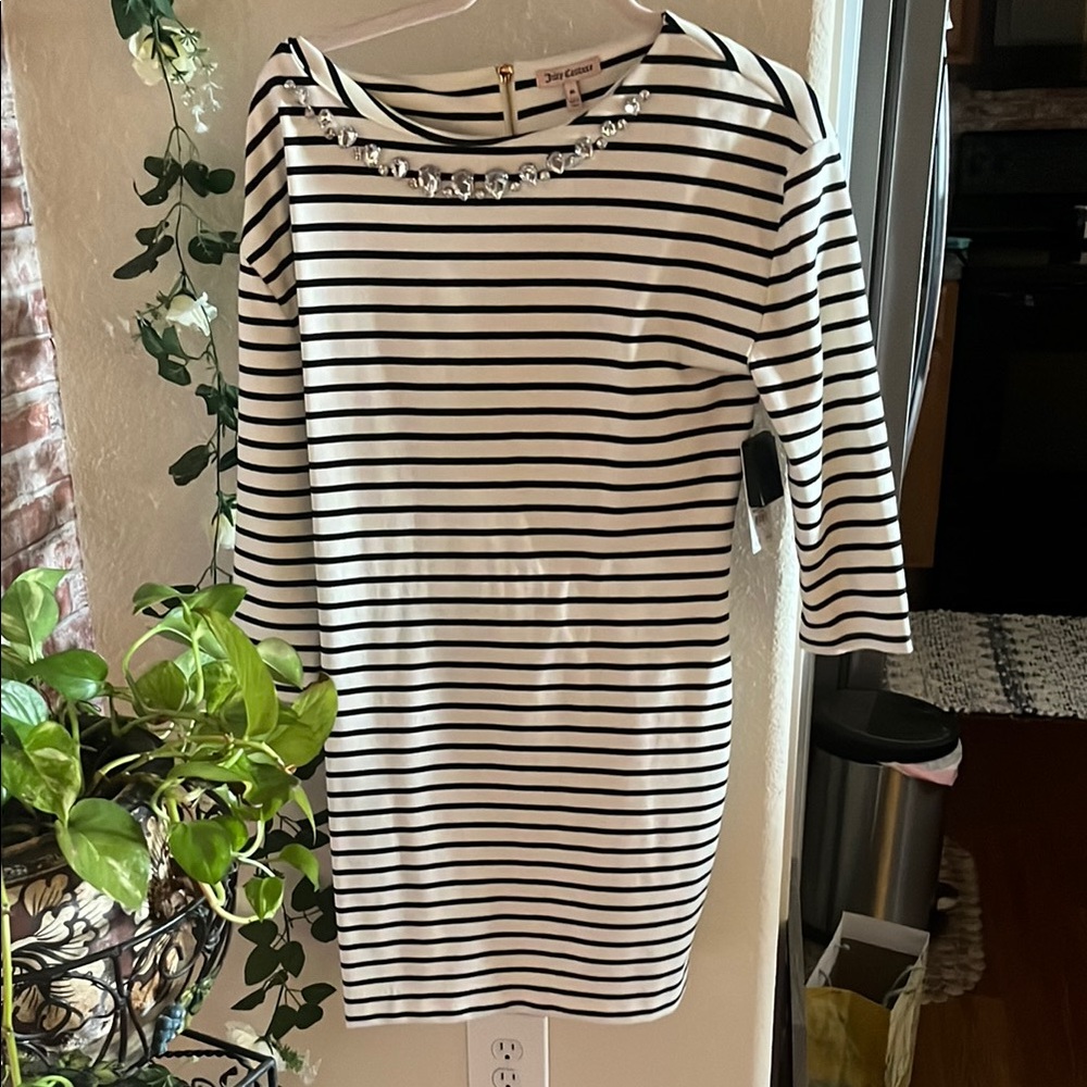 Juicy Couture Black and White Striped Dress with Crystal Accents